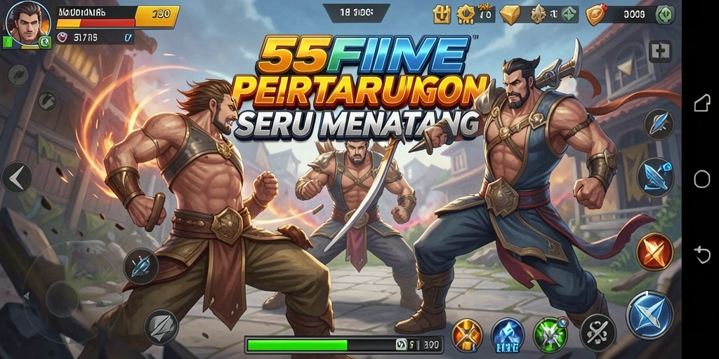 Tampilan permainan 55FIVE dengan pertarungan seru dan karakter yang beragam.