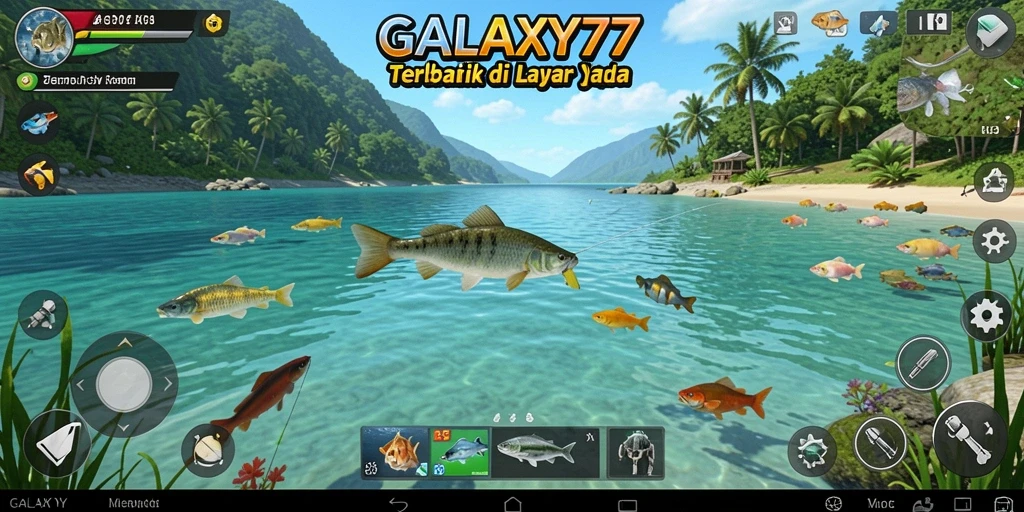 Tangkapan layar gameplay <strong>GALAXY77</strong> menunjukkan suasana memancing yang menakjubkan.