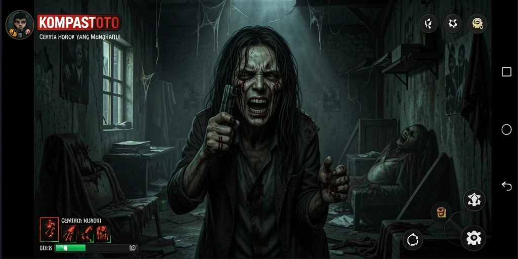 Tampilan gameplay menegangkan di KOMPASTOTO dengan suasana Horror yang mencekam.