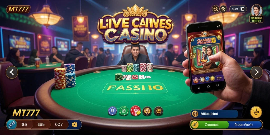 Screenshot gameplay MT777 menampilkan dealer langsung dalam suasana Live Casino.