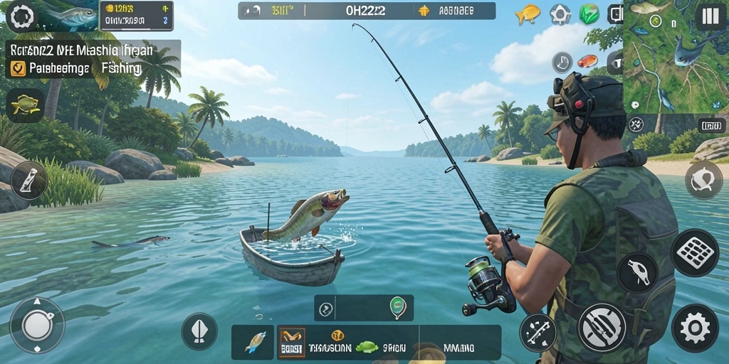 Tangkapan ikan yang berwarna-warni dalam gameplay OH222.