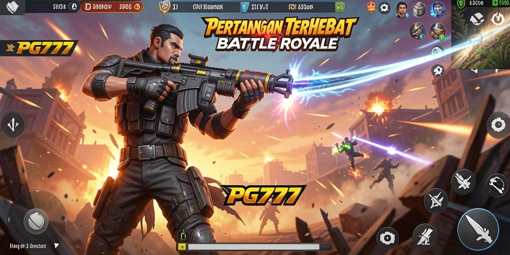 Screenshot gameplay PG777 menampilkan aksi pertempuran intens di arena Battle Royale.
