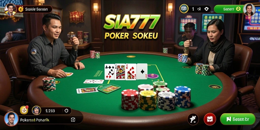 Tampilan permainan poker SIA777 dengan dealer dan pemain yang antusias.