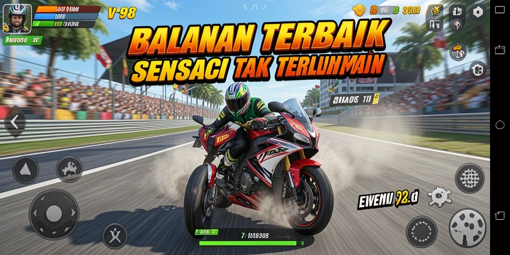 Screenshot utama V98 menampilkan momen balapan motor yang mendebarkan.